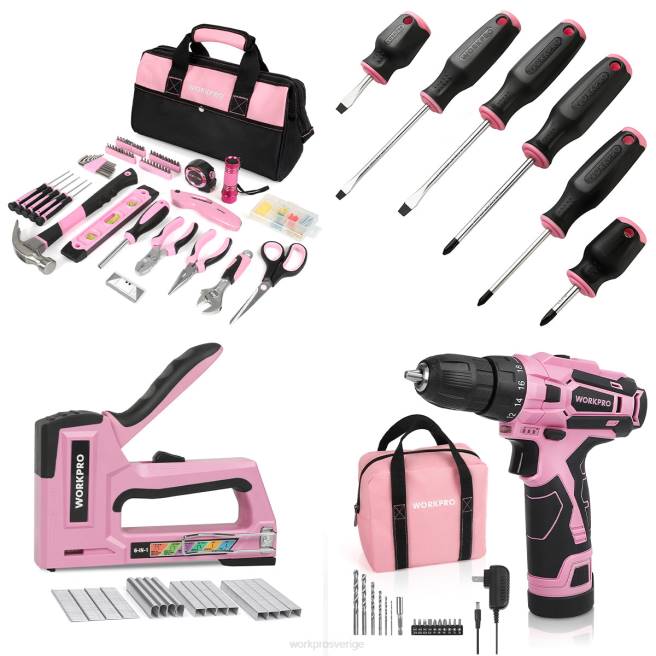 WORKPRO 106 st verktygssats & 6 st magnetiska skruvmejslar & 12v sladdlös borrskruvdragare & 6-i-1 häftpistol rosa 0ZLD312 verktyg
