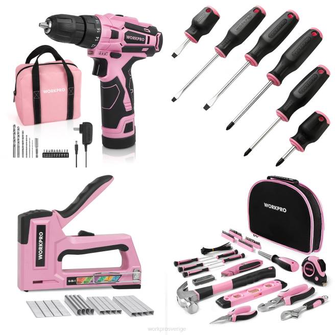 WORKPRO 12V sladdlös borrskruvdragare och 103 delar verktygssats & 8 delar magnetiska skruvmejslar set & 6-i-1 häftpistol rosa 0ZLD315 verktyg