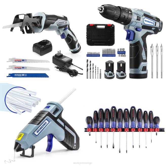 WORKPRO 12V sladdlös fram- och återgående såg & 12V sladdlös borrdrivsats & 12 st magnetiska skruvmejslar set & sladdlös limpistol användbar 0ZLD321 verktyg