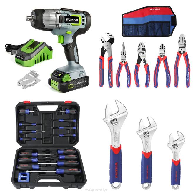 WORKPRO 20v sladdlös slagnyckel & 5 st tångset & 16 st magnetisk skruvmejselsats & 3 st justerbar skiftnyckelset hjälpsam 0ZLD319 verktyg
