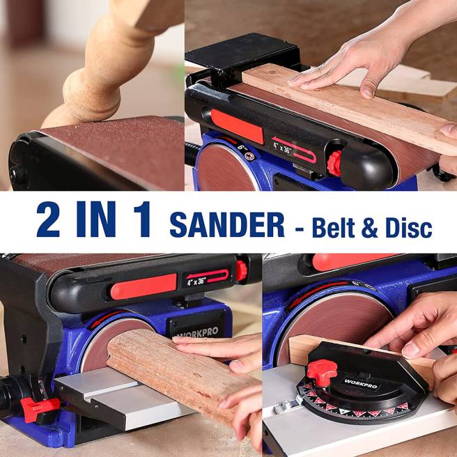 WORKPRO bandslipmaskin, 4 tum x 36 tum band & 6 tum skivslipmaskin med 6 st sandpapper, gjutjärnsbas för slipning av träbearbetning användbar 0ZLD235 verktyg