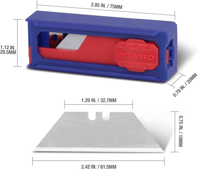 WORKPRO verktygsknivblad, sk5 stålbox skärblad refills, standardstorlek med individuell dispenser, förpackning om 50 morden 0ZLD55 verktyg