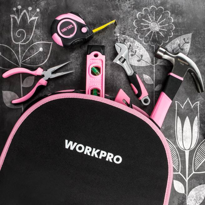 WORKPRO 103 delar verktygssats med lätt att bära runt påse perfekt för gör-det-själv underhåll rosa 0ZLD248 verktyg