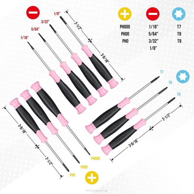 WORKPRO 10 st precisionsskruvmejselset med påse, phillips, slitsad, torx-stjärna, magnetisk spets reparationssats för liten skruvmejsel rosa 0ZLD255 verktyg