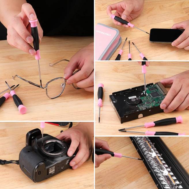 WORKPRO 10 st precisionsskruvmejselset med påse, phillips, slitsad, torx-stjärna, magnetisk spets reparationssats för liten skruvmejsel rosa 0ZLD255 verktyg