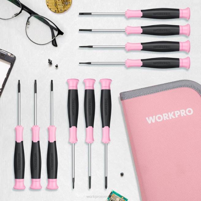 WORKPRO 10 st precisionsskruvmejselset med påse, phillips, slitsad, torx-stjärna, magnetisk spets reparationssats för liten skruvmejsel rosa 0ZLD255 verktyg