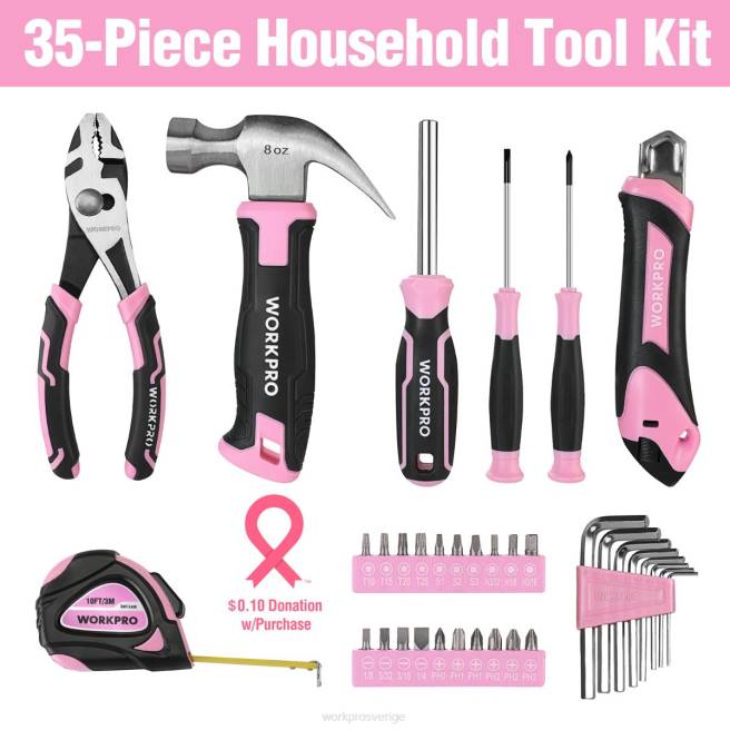 WORKPRO 35 st hushållsredskapsset med förvaringsverktygslåda rosa/blå 0ZLD246 verktyg