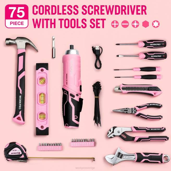 WORKPRO 75 st verktygssats, 3,7v roterbar sladdlös skruvmejsel och hushållsverktygssats rosa 0ZLD260 verktyg