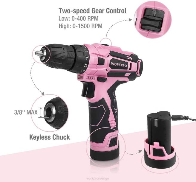 WORKPRO sladdlös borrskruvdragare set 12v elektrisk skruvmejsel verktygssats för kvinnor rosa 0ZLD263 verktyg