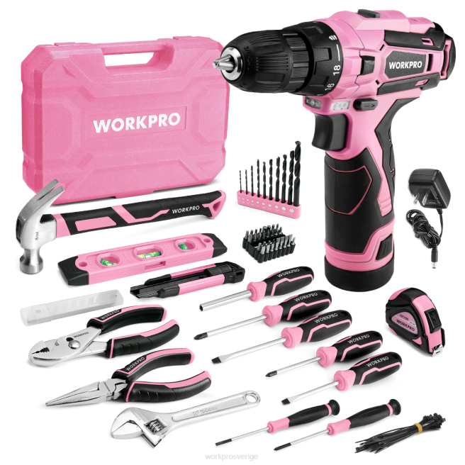 WORKPRO 108 delar bärbart verktygsset med borrmaskin rosa/grå 0ZLD173 verktyg
