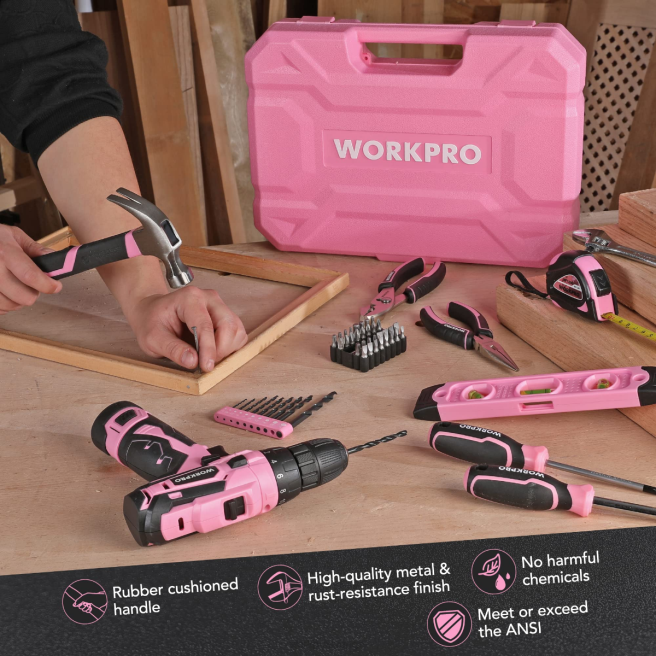 WORKPRO 108 delar bärbart verktygsset med borrmaskin rosa/grå 0ZLD173 verktyg