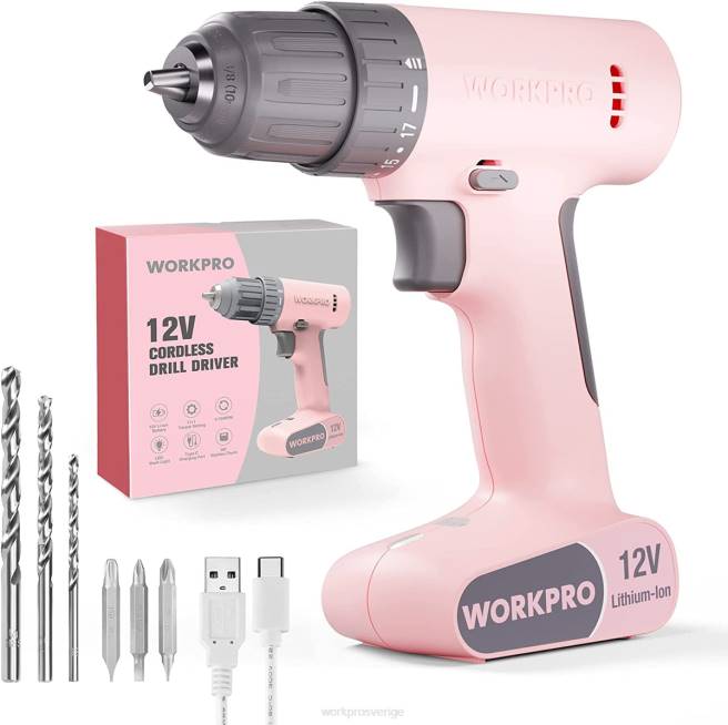 WORKPRO 12V sladdlös borrskruvdragare med 6 bits, 3/8-tums nyckellös chuck, variabel hastighet, 18 touque-inställning rosa/vit 0ZLD175 verktyg