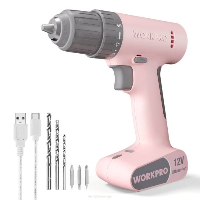 WORKPRO 12V sladdlös borrskruvdragare med 6 bits, 3/8-tums nyckellös chuck, variabel hastighet, 18 touque-inställning rosa/vit 0ZLD175 verktyg
