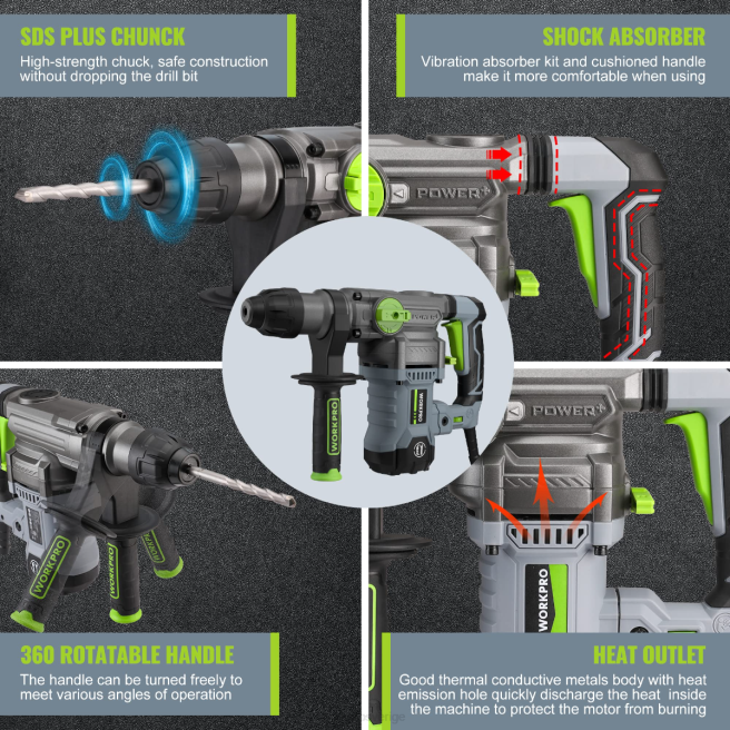 WORKPRO 12,5 amp 1-1/4 tum premium sds-plus borrhammare, kraftig version med sladd hjälpsam 0ZLD179 verktyg