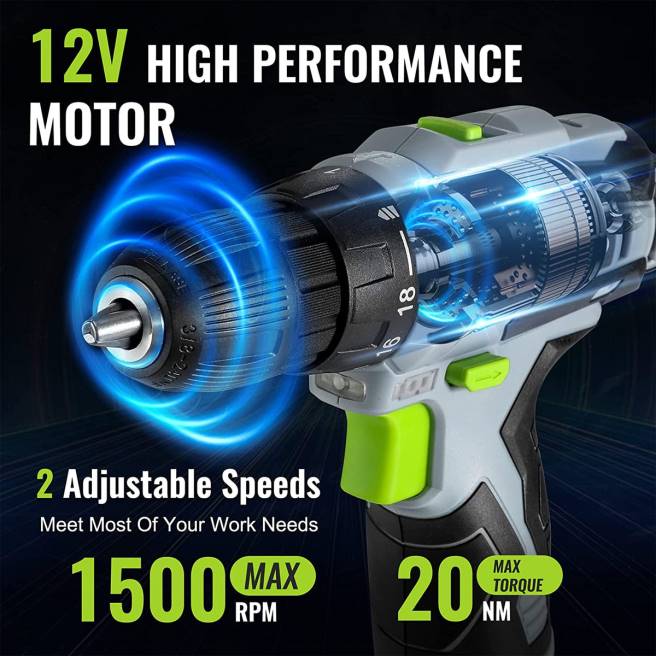 WORKPRO 12v elektrisk sladdlös borrskruvdragare nyckelfri chuck, laddare och förvaringsväska ingår grön 0ZLD177 verktyg