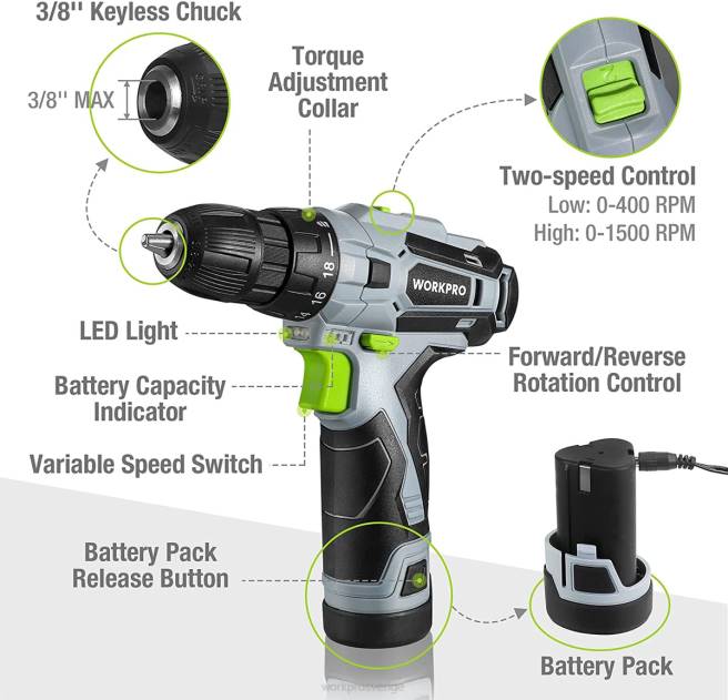 WORKPRO 12v elektrisk sladdlös borrskruvdragare nyckelfri chuck, laddare och förvaringsväska ingår grön 0ZLD177 verktyg