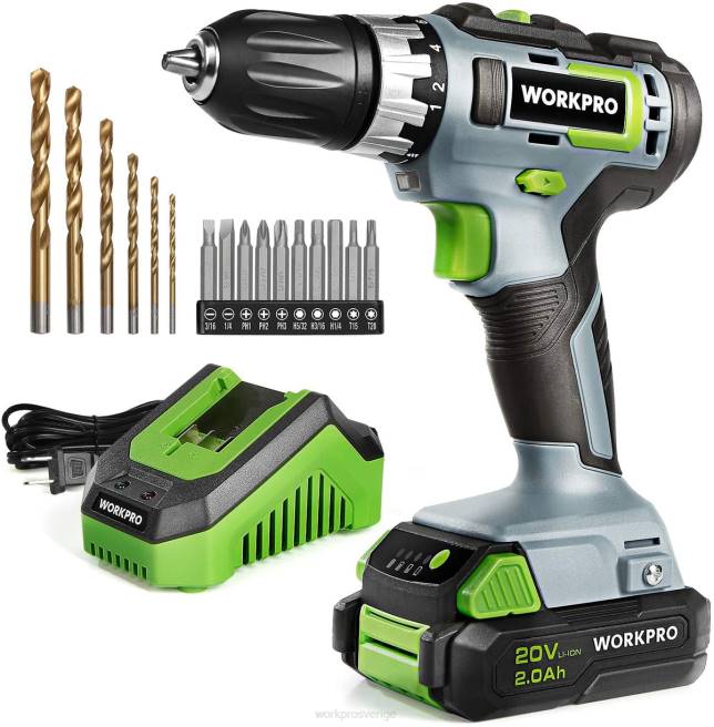 WORKPRO 20V sladdlös borr/drivsats med variabel hastighet, 18+2 vridmomentinställning 2,0 ah li-ion batteri och 1 timmes snabbladdare morden 0ZLD172 verktyg