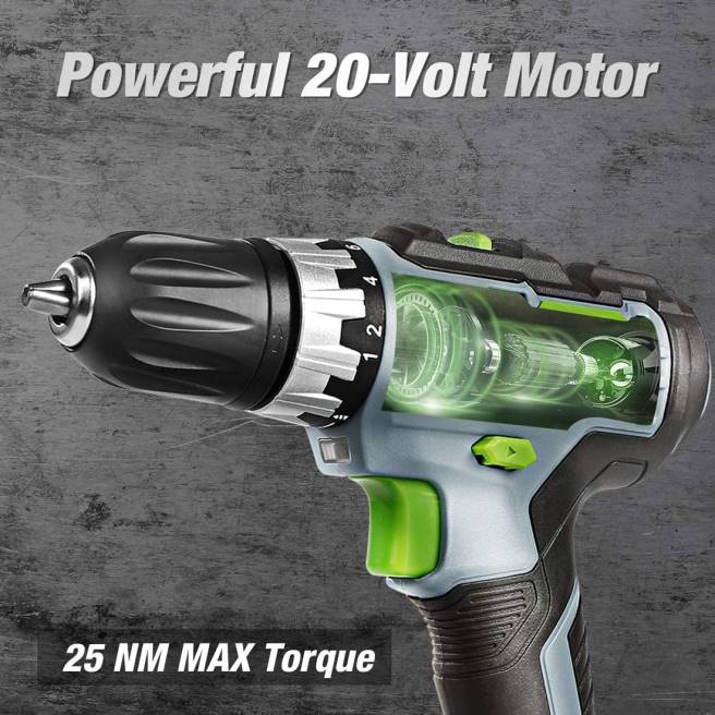 WORKPRO 20V sladdlös borr/drivsats med variabel hastighet, 18+2 vridmomentinställning 2,0 ah li-ion batteri och 1 timmes snabbladdare morden 0ZLD172 verktyg