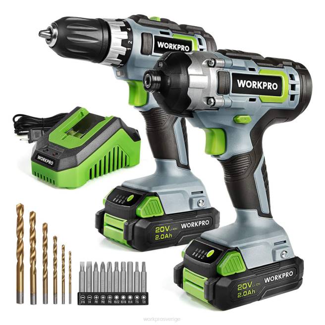 WORKPRO 20V sladdlös borrkombosats, borrskruvdragare och slagskruvdragare med 2x 2.0ah batterier och 1 timmes snabbladdare hjälpsam 0ZLD169 verktyg