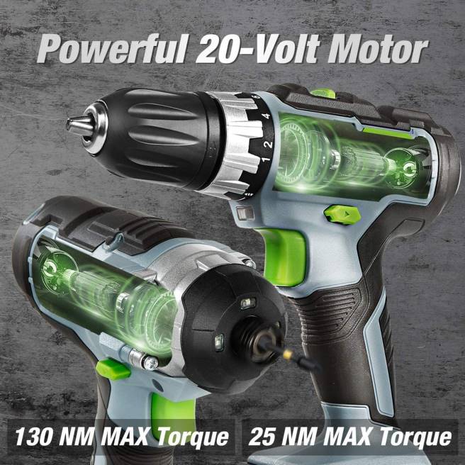 WORKPRO 20V sladdlös borrkombosats, borrskruvdragare och slagskruvdragare med 2x 2.0ah batterier och 1 timmes snabbladdare hjälpsam 0ZLD169 verktyg