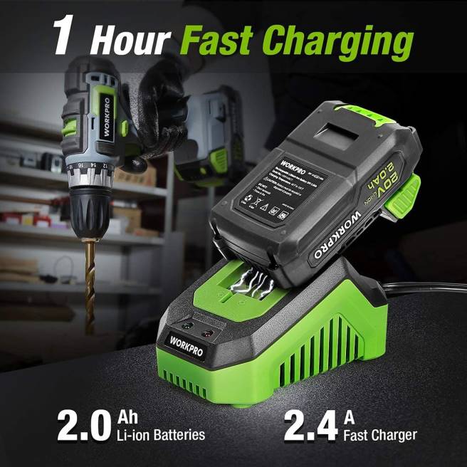 WORKPRO 20V sladdlös borrkombosats, borrskruvdragare och slagskruvdragare med 2x 2.0ah batterier och 1 timmes snabbladdare hjälpsam 0ZLD169 verktyg
