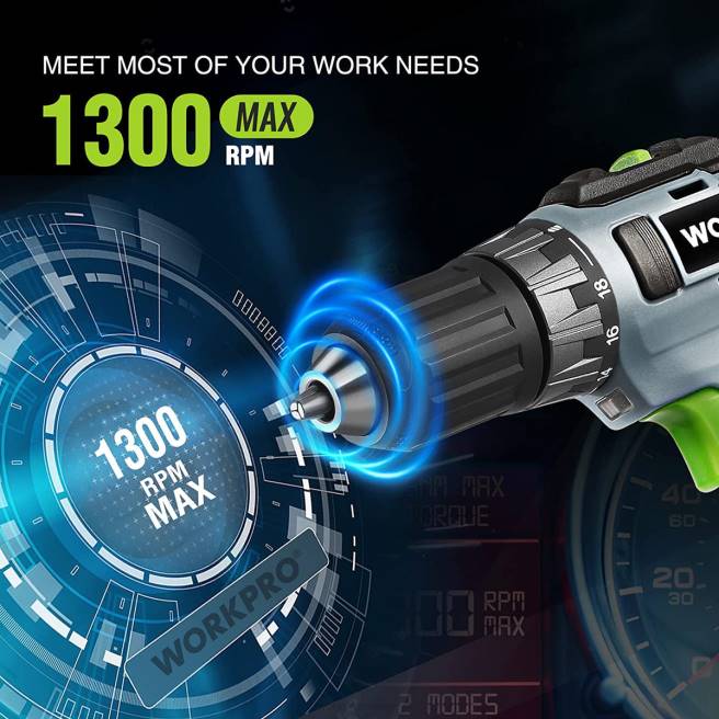 WORKPRO 20V sladdlös borrskruvdragare, 2,0 ah li-ion-batteri, 1 timmes snabbladdare och 11-tums förvaringsväska ingår grön 0ZLD176 verktyg