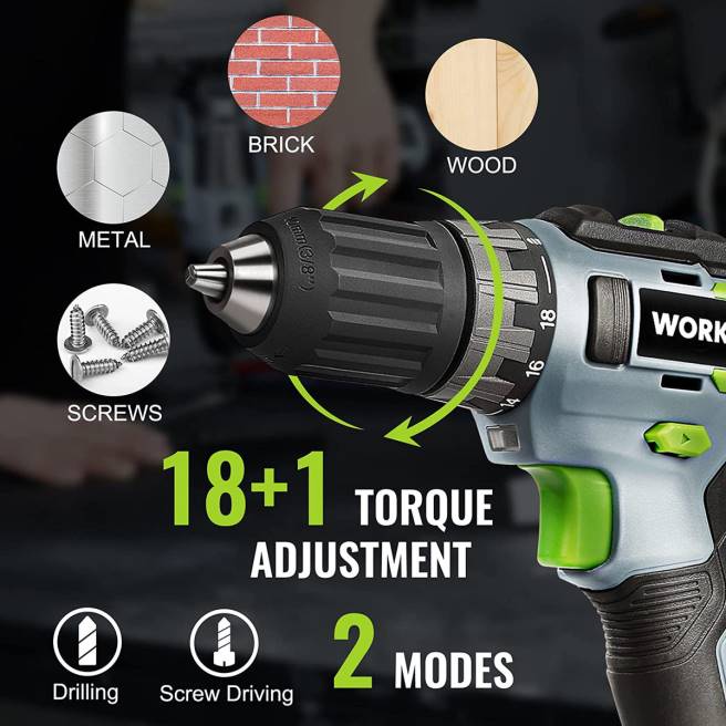 WORKPRO 20V sladdlös borrskruvdragare, 2,0 ah li-ion-batteri, 1 timmes snabbladdare och 11-tums förvaringsväska ingår grön 0ZLD176 verktyg