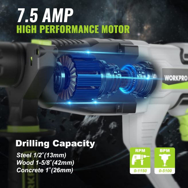 WORKPRO 7,5 amp 1-1/4 tum premium sds-plus borrhammare, lättviktsversion med sladd användbar 0ZLD178 verktyg