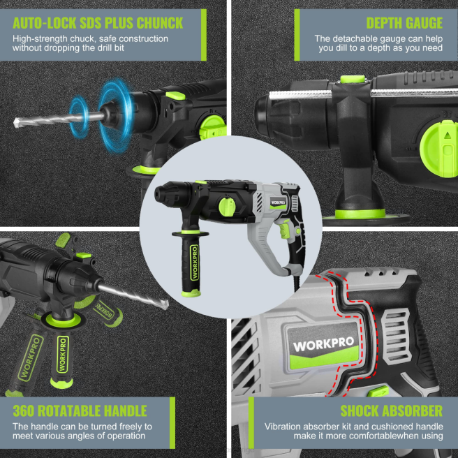 WORKPRO 7,5 amp 1-1/4 tum premium sds-plus borrhammare, lättviktsversion med sladd användbar 0ZLD178 verktyg