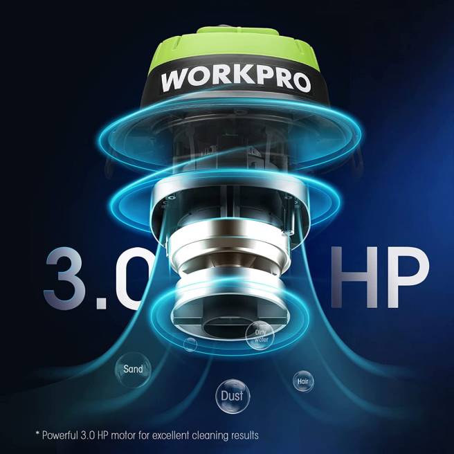 WORKPRO våt/torr dammsugare 2,5 gallon 3 peak hästkrafter, bärbar butiksdammsugare för hemmet användbar 0ZLD216 verktyg