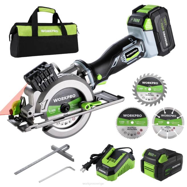 WORKPRO kompakt sladdlös minicirkelsåg, 20v 4.0ah batteri, snabbladdare, 3 sågblad, 4500rpm hjälpsam 0ZLD186 verktyg