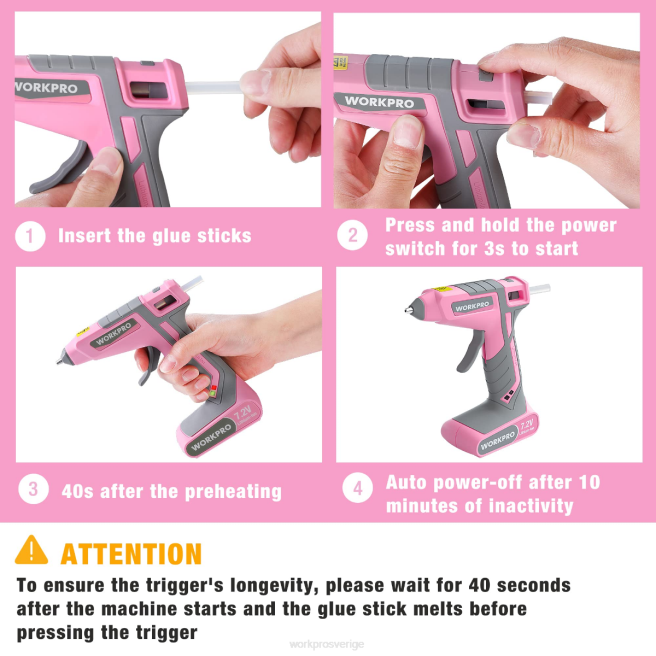WORKPRO 7,2V sladdlös smältlimpistolsats rosa/vit 0ZLD164 verktyg