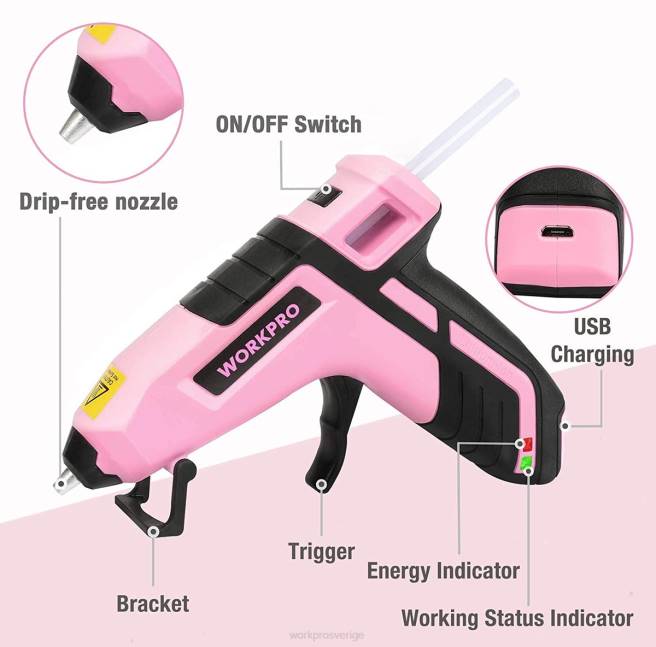 WORKPRO sladdlös smältsnabb förvärmande minilimpistol med 20 st premium limstift blå/rosa 0ZLD163 verktyg