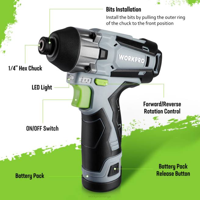 WORKPRO 12V sladdlös slagdrivrutinsats, sexkantsborrmaskin/skruvdragare med 2,0ah litiumjonbatteri ny 0ZLD190 verktyg