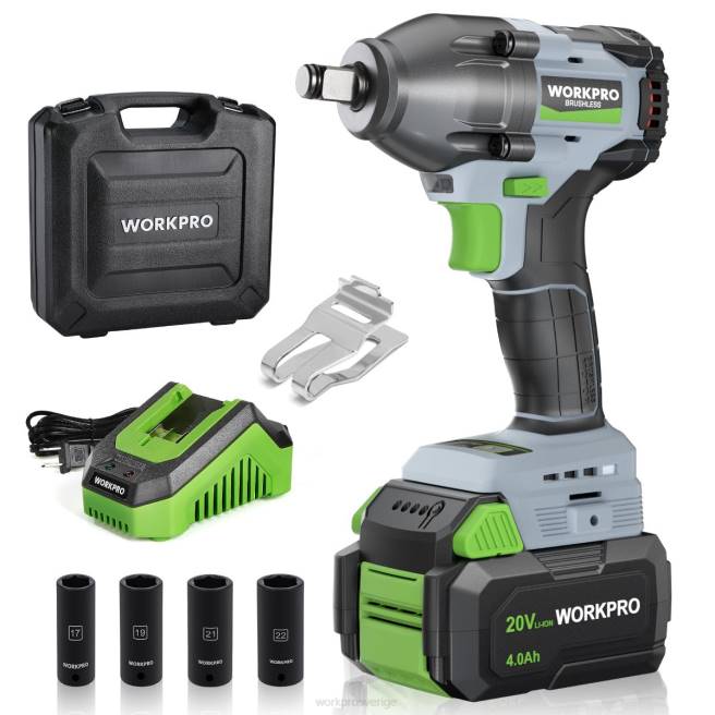 WORKPRO 20V sladdlös slagnyckel, med 4,0 ah batteri, snabbladdare, 4 slaguttag och förvaringsväska morden 0ZLD188 verktyg
