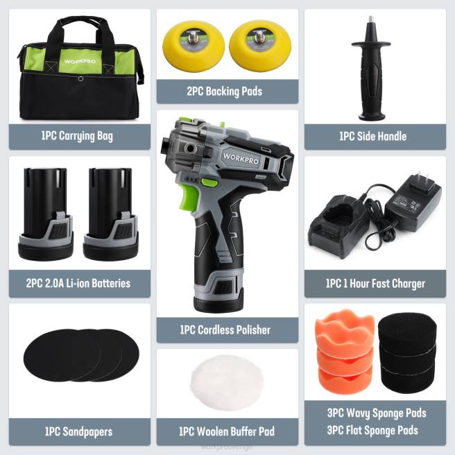 WORKPRO 12V sladdlös polermaskin, minibilsbuffert och slipmaskinssats med 2 litiumjonbatterier användbar 0ZLD229 verktyg