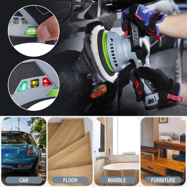 WORKPRO 6-tums dubbelverkande sladdlös bilbuffertpolerare med 2 st 12v uppladdningsbart batteri morden 0ZLD238 verktyg