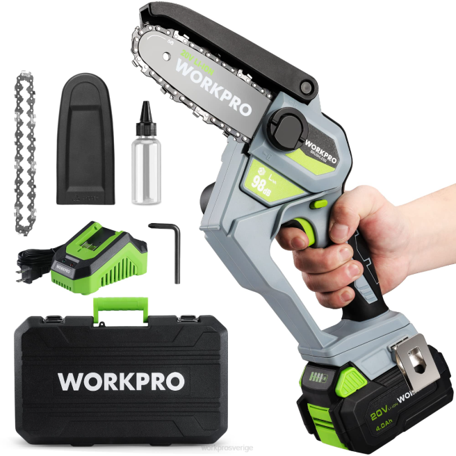 WORKPRO 20V borstlös sladdlös kompakt motorsåg med 4,0ah batteri och ersättningskedja morden 0ZLD298 verktyg