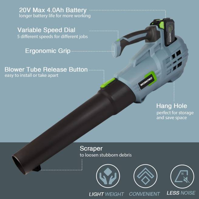 WORKPRO 20v sladdlös lövblås med 5 justerbara hastigheter 4.0ah batteri med större kapacitet och snabbladdare ingår hjälpsam 0ZLD292 verktyg