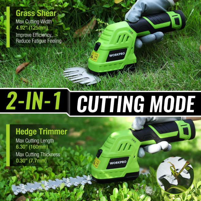 WORKPRO 2 i 1 12V elektrisk sladdlös gräshäcksax & handhållen buskasax, med 2,0ah uppladdningsbart litiumjonbatteri och 1 timmes snabbladdare morden 0ZLD301 verktyg