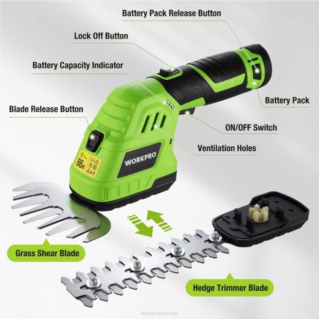 WORKPRO 2 i 1 12V elektrisk sladdlös gräshäcksax & handhållen buskasax, med 2,0ah uppladdningsbart litiumjonbatteri och 1 timmes snabbladdare morden 0ZLD301 verktyg