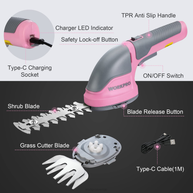 WORKPRO 2 i 1 handhållen 3,6v elektrisk sladdlös buskasax häcksax/gräsklippare rosa/grön/vit 0ZLD268 verktyg