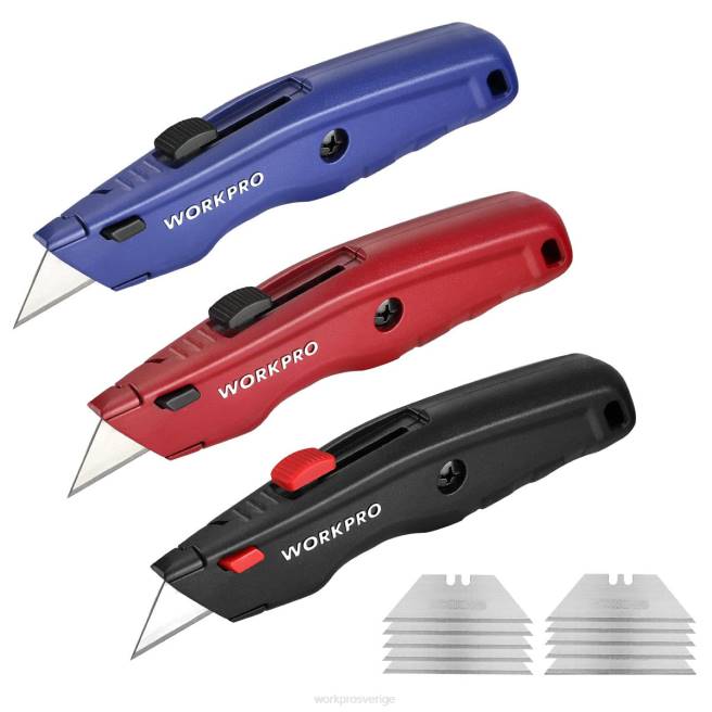WORKPRO förstklassig brukskniv, infällbar allmetall, kraftig lådaskärare, rakkniv med snabbbyte, med 10 extra blad svart/blå/röd 0ZLD51 verktyg