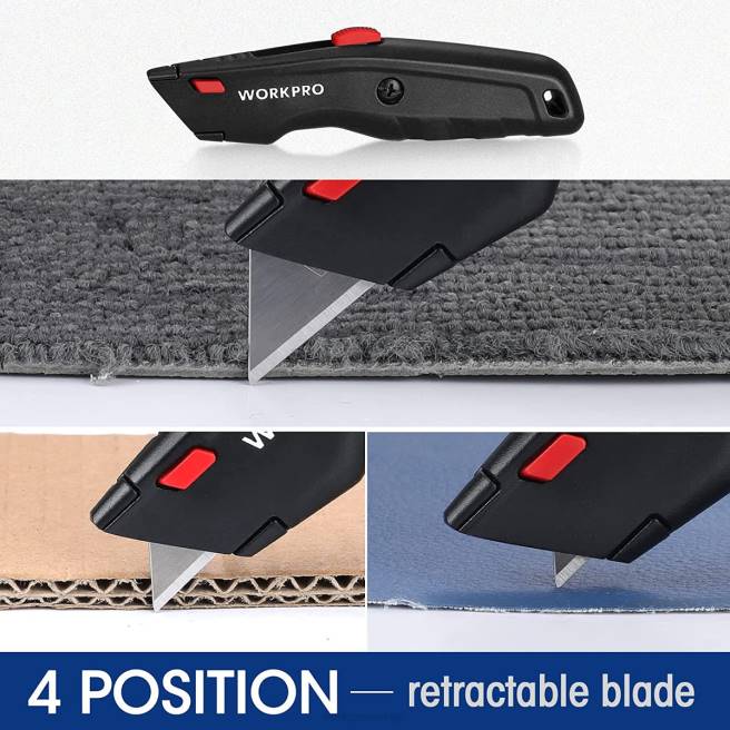 WORKPRO förstklassig brukskniv, infällbar allmetall, kraftig lådaskärare, rakkniv med snabbbyte, med 10 extra blad svart/blå/röd 0ZLD51 verktyg