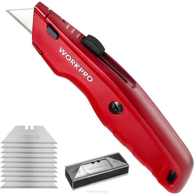 WORKPRO förstklassig brukskniv, infällbar allmetall, kraftig lådaskärare, rakkniv med snabbbyte, med 10 extra blad svart/blå/röd 0ZLD51 verktyg