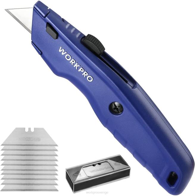 WORKPRO förstklassig brukskniv, infällbar allmetall, kraftig lådaskärare, rakkniv med snabbbyte, med 10 extra blad svart/blå/röd 0ZLD51 verktyg