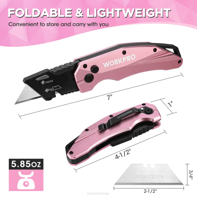 WORKPRO vikbar aluminium kniv, 10 extra blad ingår rosa 0ZLD54 verktyg