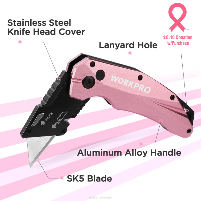 WORKPRO vikbar aluminium kniv, 10 extra blad ingår rosa 0ZLD54 verktyg