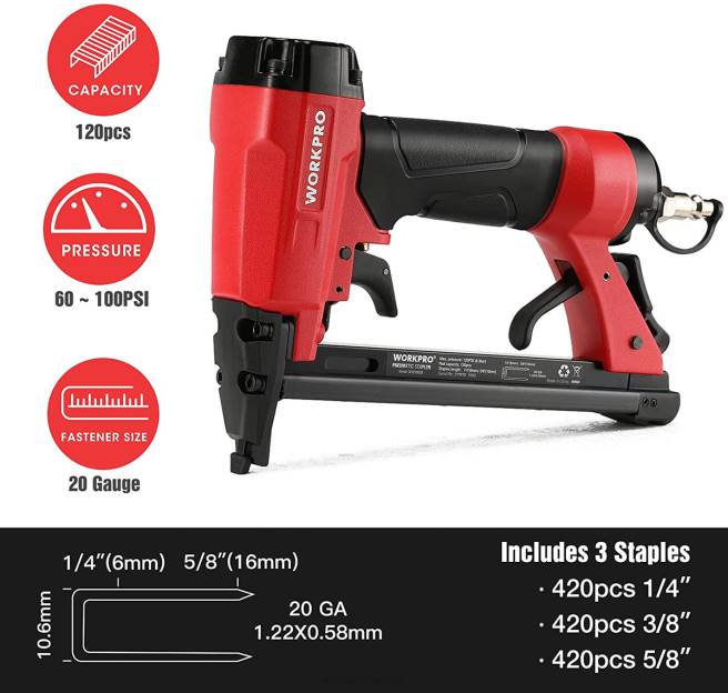 WORKPRO pneumatisk 20 gauge häftpistol för snickeri träbearbetning och gör-det-själv-projekt användbar 0ZLD61 verktyg