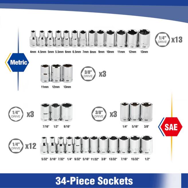 WORKPRO 39 st drivhylsnyckelset, 1/4-tums & 3/8-tums små hylsnyckelset ny 0ZLD140 verktyg